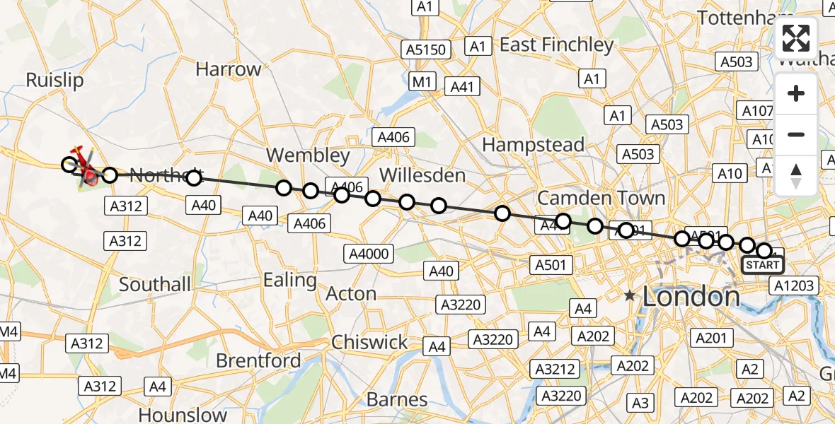Flight route Air Ambulance Helicopter Royal London Hospital - RAF Northolt, 11 August 2026, 19:36