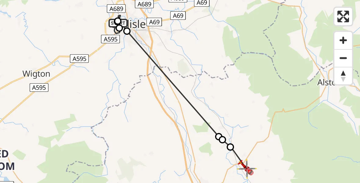 Flight route Air Ambulance Helicopter Carlisle General - Skirwith, 11 August 2026, 19:40