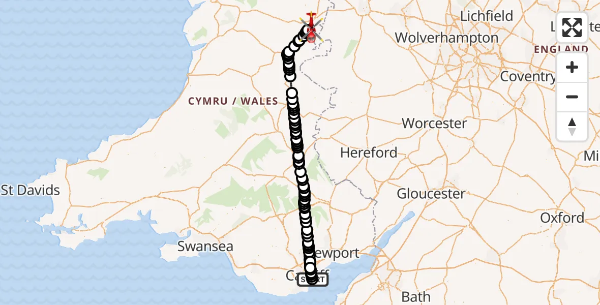 Flight route Air Ambulance Helicopter Cardiff Heliport - Welshpool Airport, 11 August 2026, 19:41