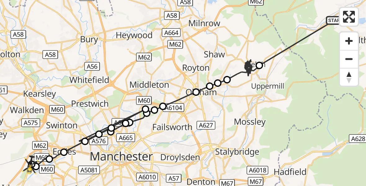 Flight route Police Helicopter Slaithwaite - Manchester Barton Aerodrome, 11 August 2026, 19:47