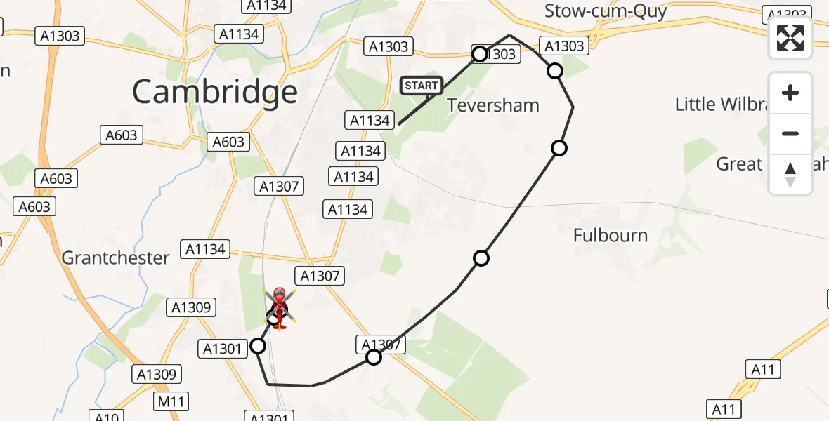 Flight route Air Ambulance Helicopter Cambridge City Airport - Papworth Hospital, 11 August 2026, 19:52
