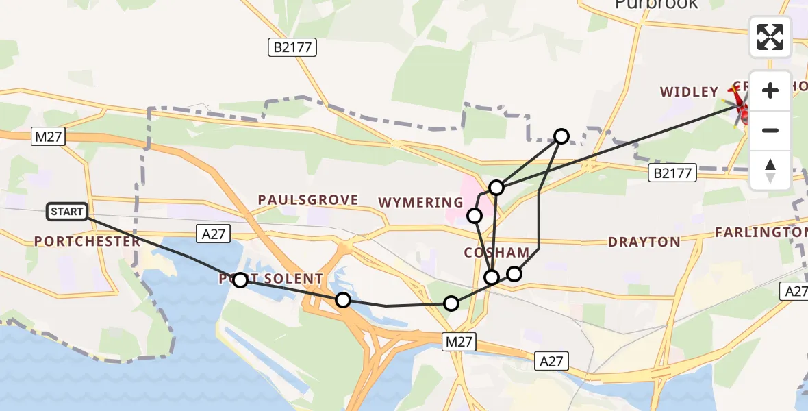 Flight route Air Ambulance Helicopter Fareham - Havant, 11 August 2026, 19:56