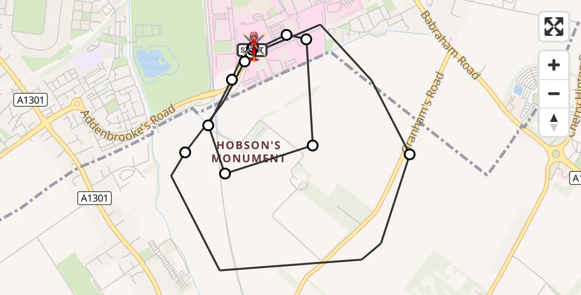 Flight route Air Ambulance Helicopter Papworth Hospital - Papworth Hospital, 11 August 2026, 20:10