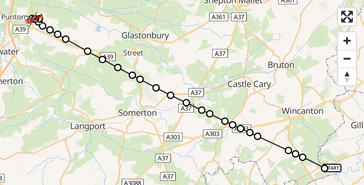 Flight route Air Ambulance Helicopter Henstridge Airfield - Cossington, 11 August 2026, 20:13