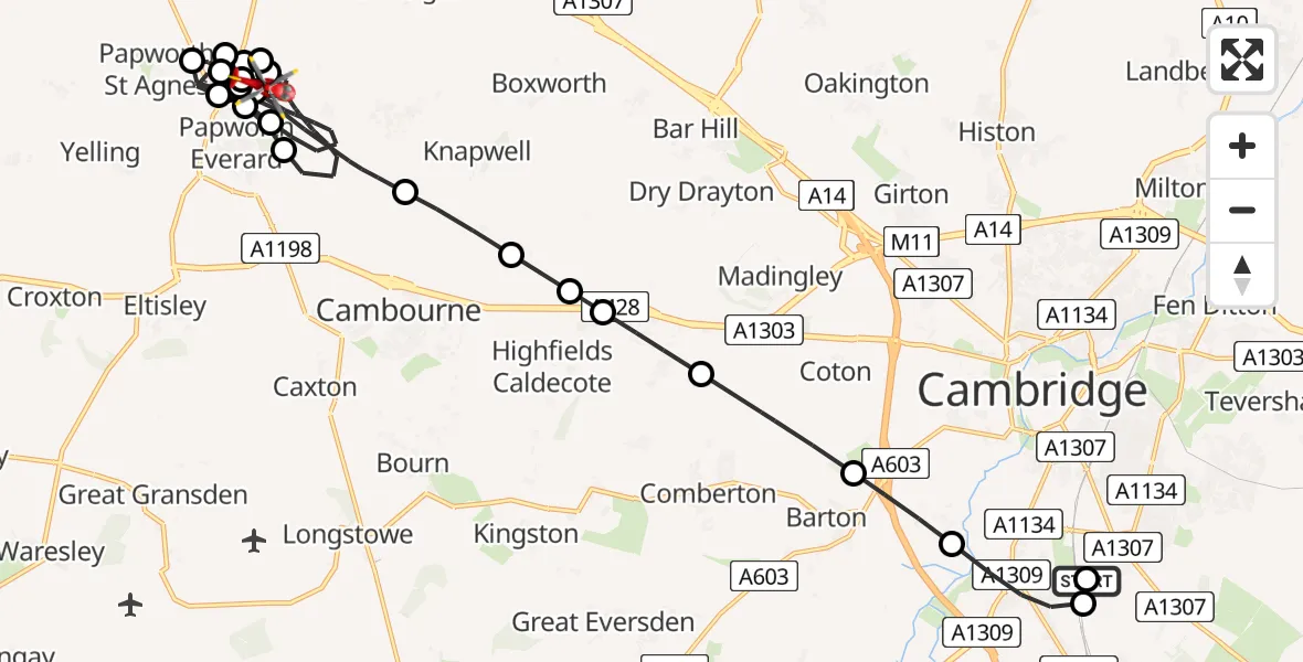 Flight route Air Ambulance Helicopter Papworth Hospital - Elsworth, 11 August 2026, 20:20
