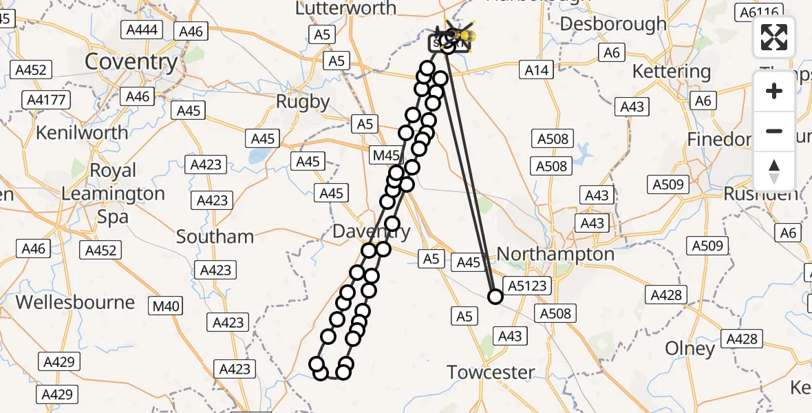 Flight route Police Helicopter Harborough - Welford, 11 August 2026, 20:34