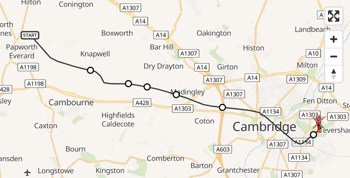 Flight route Air Ambulance Helicopter Elsworth - Cambridge City Airport, 11 August 2026, 20:46