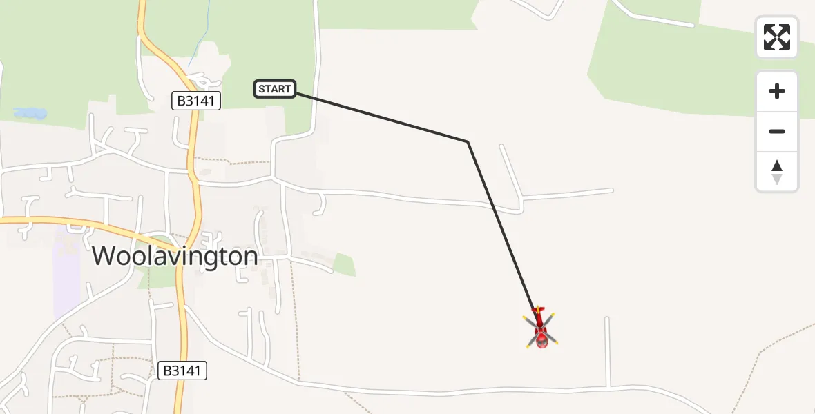 Flight route Air Ambulance Helicopter Woolavington - Cossington, 11 August 2026, 20:47
