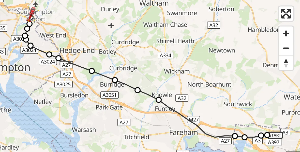 Flight route Air Ambulance Helicopter Queen Alexandra Hospital - Mansbridge, 11 August 2026, 20:48