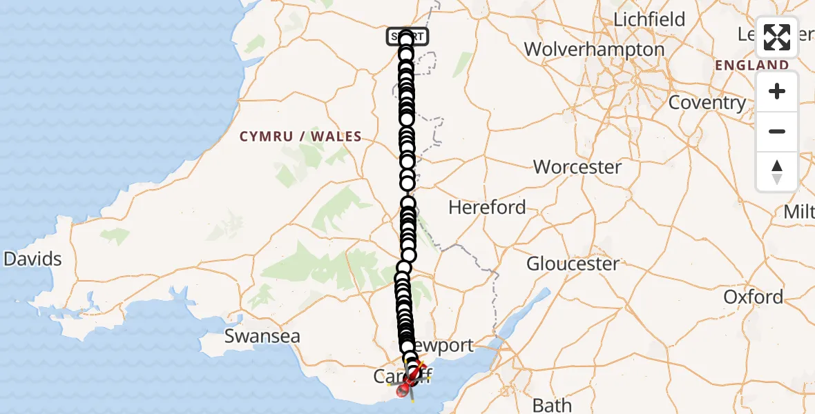 Flight route Air Ambulance Helicopter Welshpool Airport - Pengam Green, 11 August 2026, 20:57