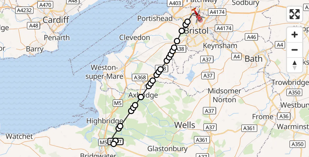 Flight route Air Ambulance Helicopter Bridgwater - Bristol, 11 August 2026, 21:56