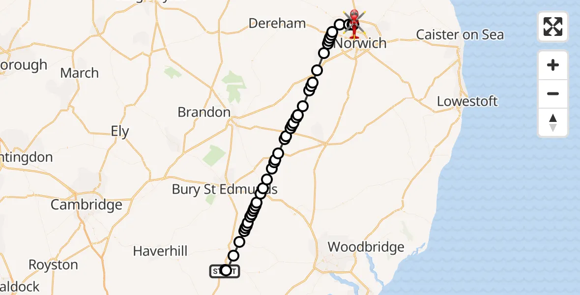Flight route Air Ambulance Helicopter Babergh - Norwich Airport, 11 August 2026, 22:32