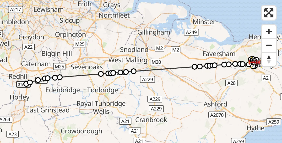 Flight route Air Ambulance Helicopter Redhill Aerodrome - Canterbury, 11 August 2026, 22:50