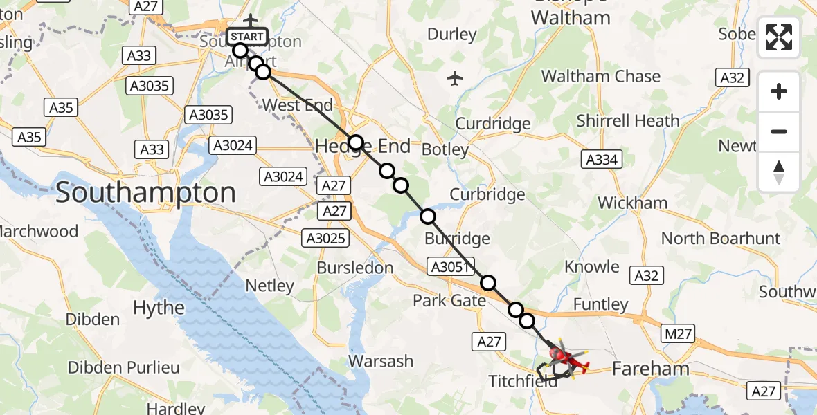Flight route Air Ambulance Helicopter Southampton Airport - Fareham, 11 August 2026, 22:58