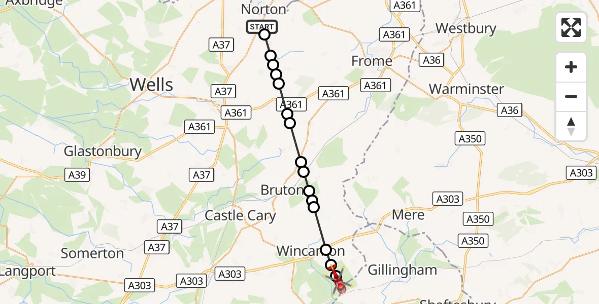 Flight route Air Ambulance Helicopter Stratton on the Fosse - Wincanton, 11 August 2026, 23:23