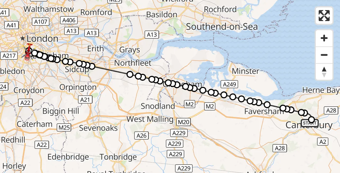 Flight route Air Ambulance Helicopter Canterbury - Loughborough Junction, 11 August 2026, 23:58