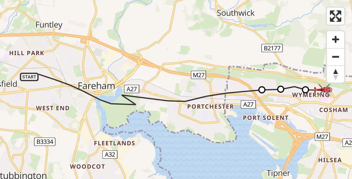 Flight route Air Ambulance Helicopter Fareham - Queen Alexandra Hospital, 12 August 2026, 00:03