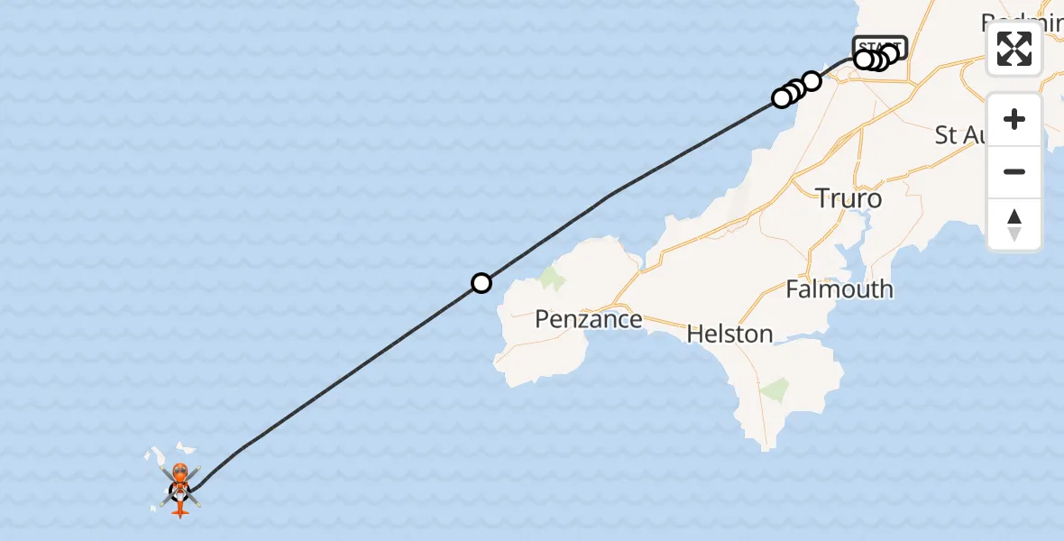 Flight route Coastguard Helicopter Cornwall Airport Newquay - St. Mary's Airport, 12 August 2026, 00:37