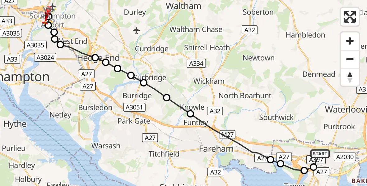 Flight route Air Ambulance Helicopter Queen Alexandra Hospital - Eastleigh, 12 August 2026, 00:55