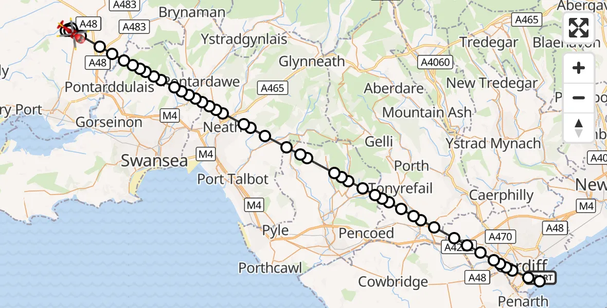 Flight route Air Ambulance Helicopter Cardiff Heliport - Y Tymbl / Tumble, 12 August 2026, 00:59
