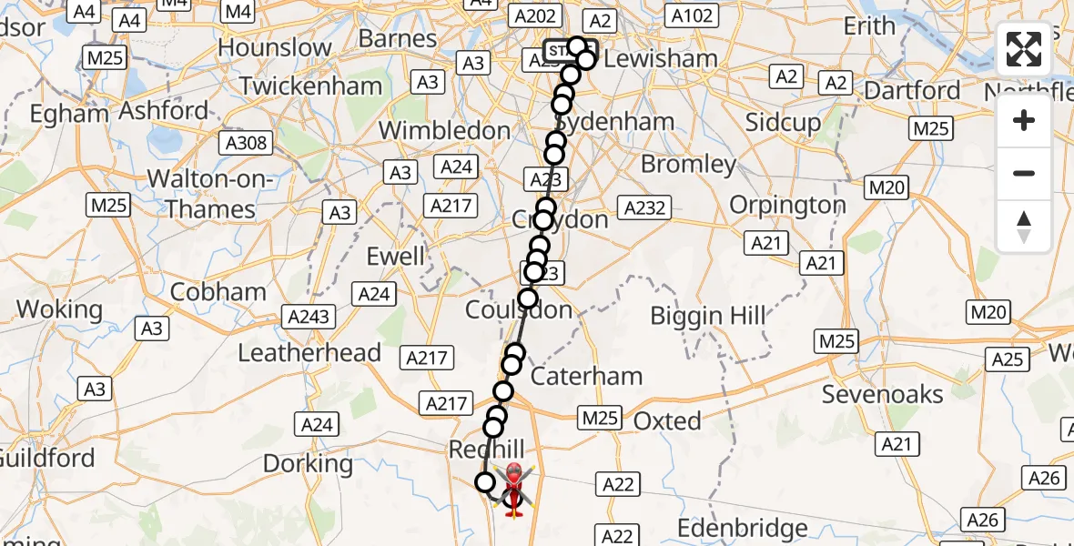 Flight route Air Ambulance Helicopter Kings College London Hospital - Redhill Aerodrome, 12 August 2026, 01:21