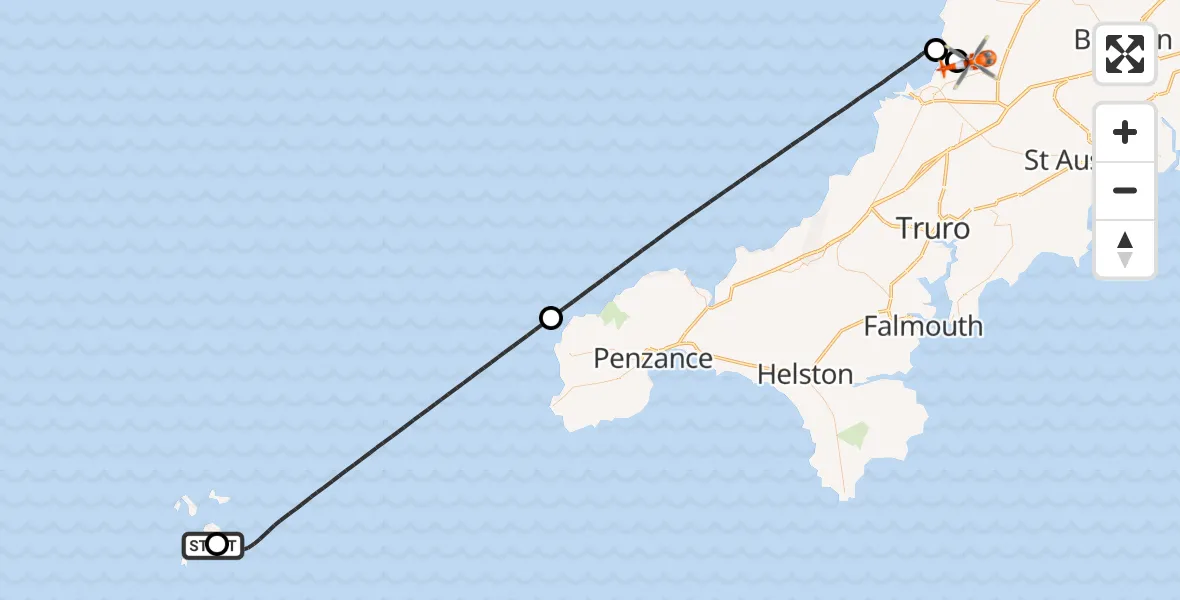 Flight route Coastguard Helicopter St. Mary's Airport - Cornwall Airport Newquay, 12 August 2026, 01:23