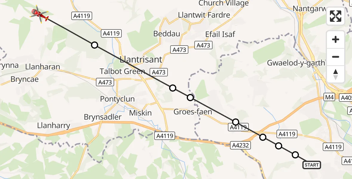 Flight route Air Ambulance Helicopter St Fagans - Tonyrefail, 12 August 2026, 01:28