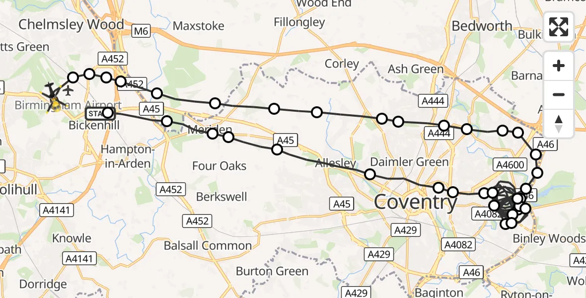 Flight route Police Helicopter Solihull - Birmingham Airport, 12 August 2026, 01:45