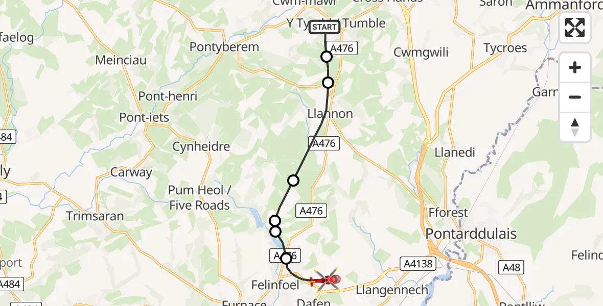 Flight route Air Ambulance Helicopter Y Tymbl / Tumble - Dafen, 12 August 2026, 02:10