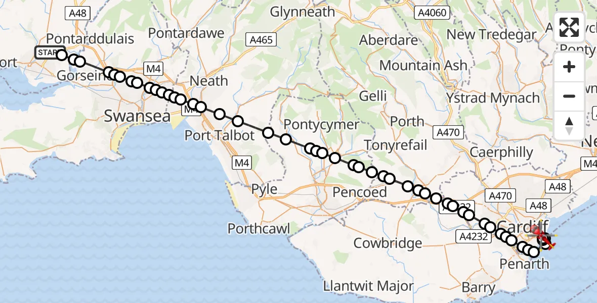 Flight route Air Ambulance Helicopter Dafen - Cardiff Heliport, 12 August 2026, 04:01