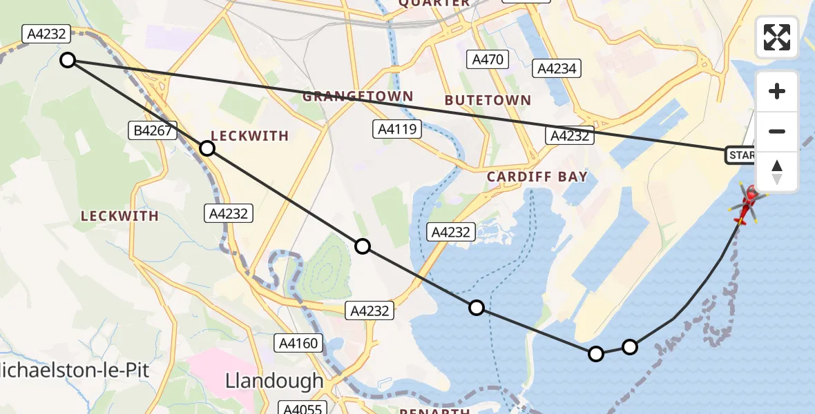 Flight route Air Ambulance Helicopter Cardiff Heliport - Cardiff Bay, 12 August 2026, 04:28