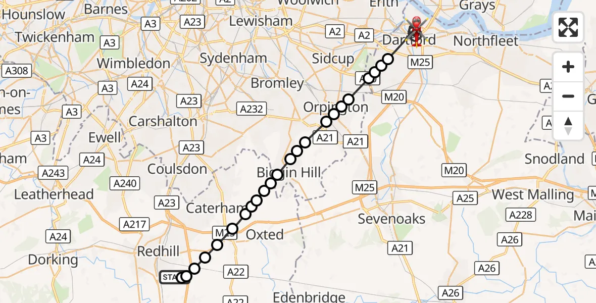 Flight route Air Ambulance Helicopter Redhill Aerodrome - Dartford, 12 August 2026, 04:31