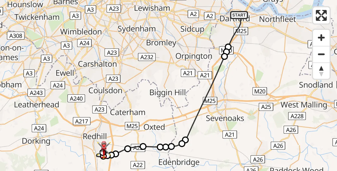 Flight route Air Ambulance Helicopter Dartford - Redhill Aerodrome, 12 August 2026, 05:38