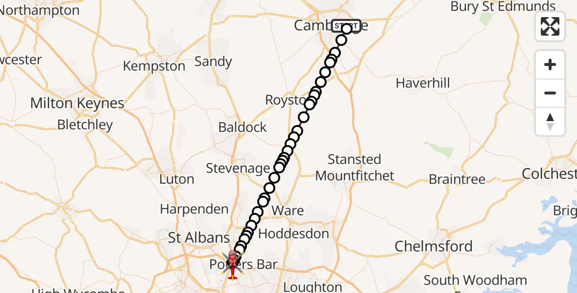 Flight route Air Ambulance Helicopter Cambridge City Airport - South Mimms, 12 August 2026, 06:37