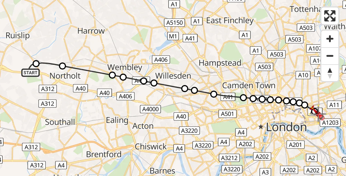 Flight route Air Ambulance Helicopter RAF Northolt - Royal London Hospital, 12 August 2026, 06:40