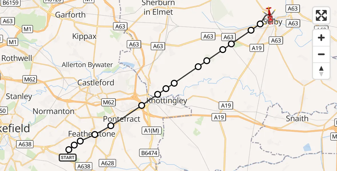 Flight route Air Ambulance Helicopter YAA Nostell Helicopter Port - Selby, 12 August 2026, 06:56
