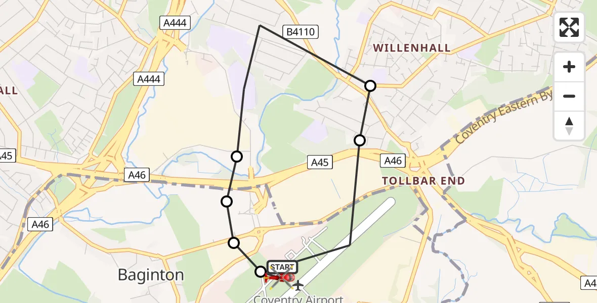 Flight route Air Ambulance Helicopter Coventry Airport - Coventry Airport, 12 August 2026, 07:17