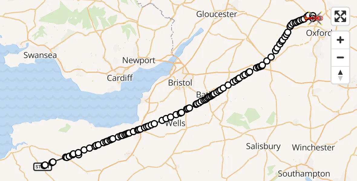 Flight route Air Ambulance Helicopter Burrington - London Oxford Airport, 12 August 2026, 07:31