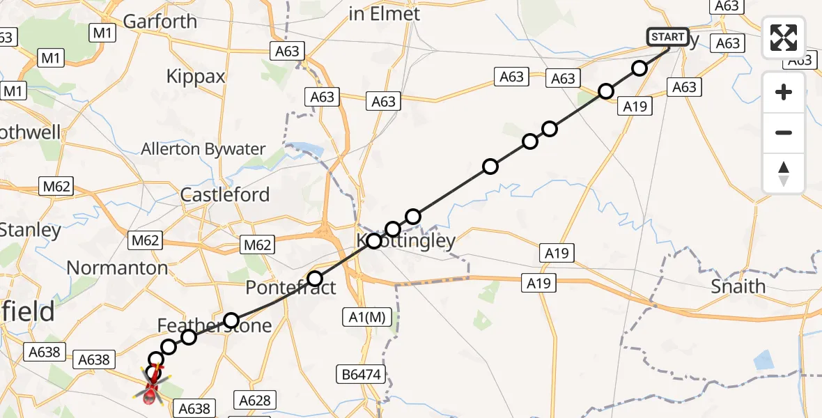 Flight route Air Ambulance Helicopter Selby - YAA Nostell Helicopter Port, 12 August 2026, 07:32