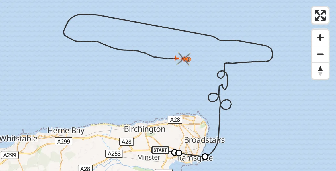 Flight route Coastguard Helicopter Manston Airport - North Sea, 12 August 2026, 07:55