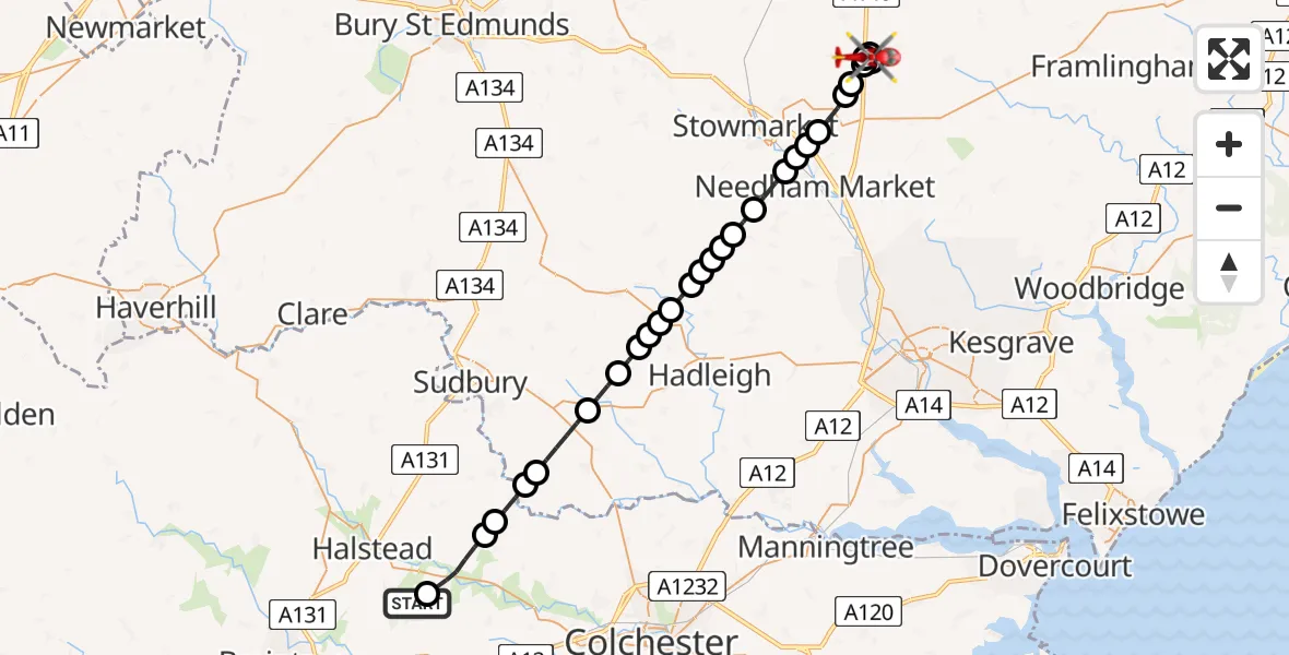 Flight route Air Ambulance Helicopter Earls Colne Airfield - Mid Suffolk, 12 August 2026, 07:59