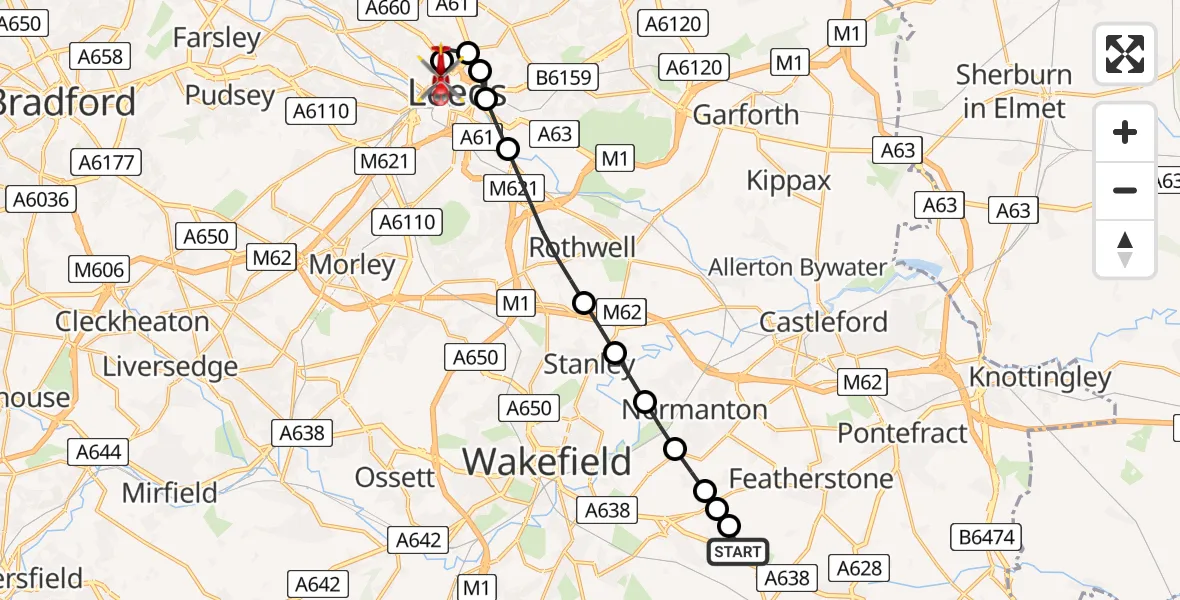 Flight route Air Ambulance Helicopter YAA Nostell Helicopter Port - Hyde Park, 12 August 2026, 08:22