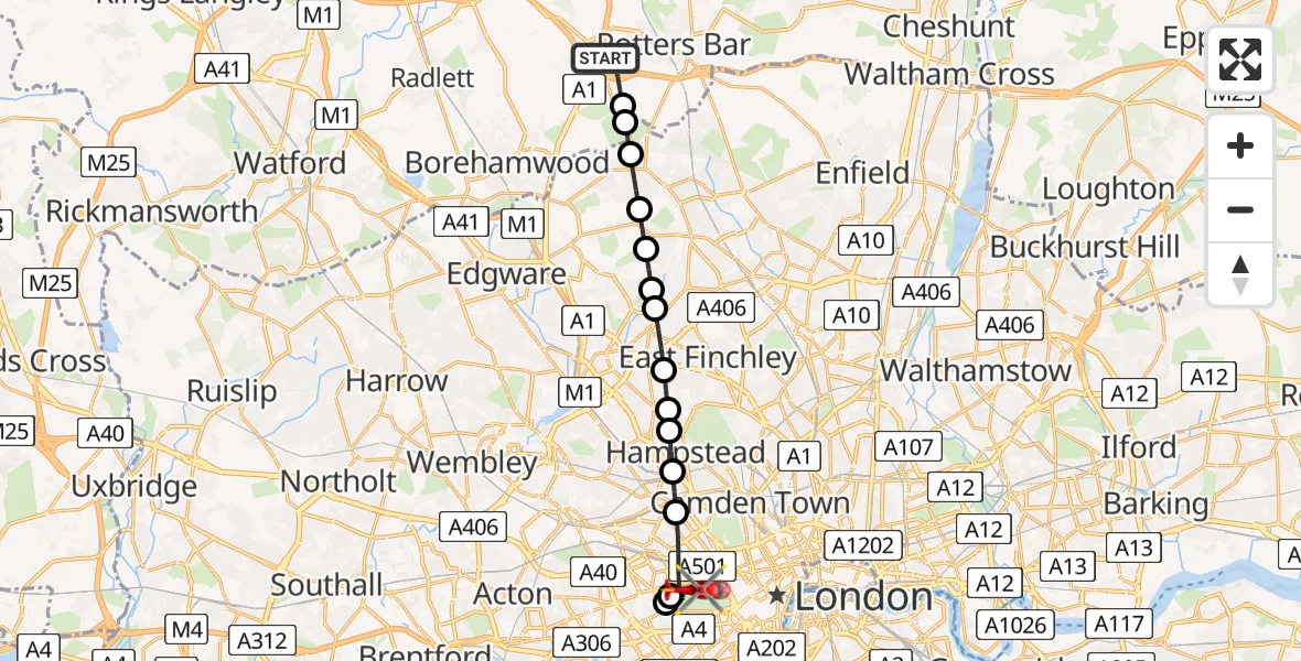 Flight route Air Ambulance Helicopter South Mimms - City of Westminster, 12 August 2026, 08:53