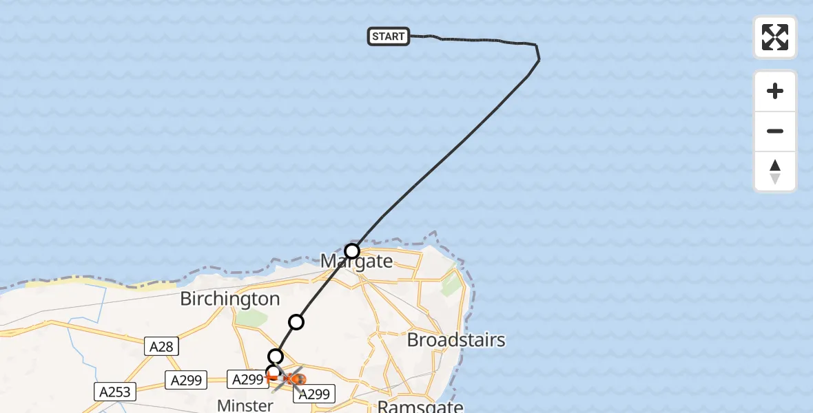 Flight route Coastguard Helicopter North Sea - Manston Airport, 12 August 2026, 08:55