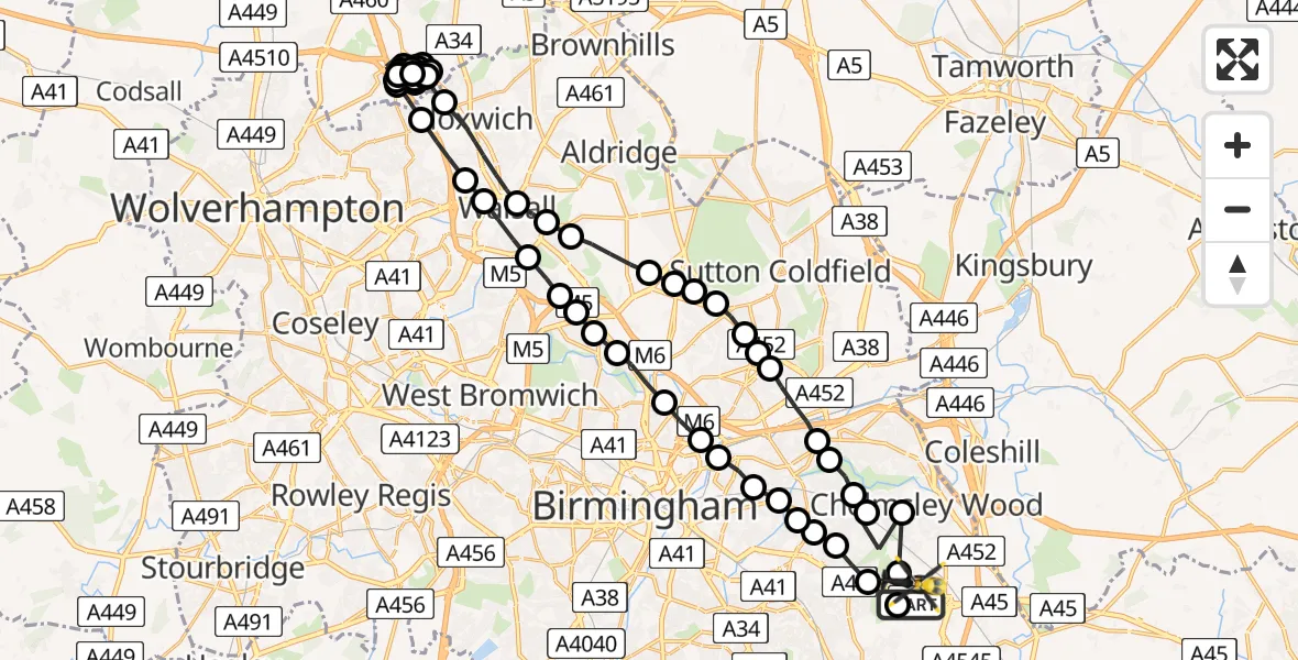 Flight route Police Helicopter Birmingham Airport - Birmingham Airport, 12 August 2026, 08:55