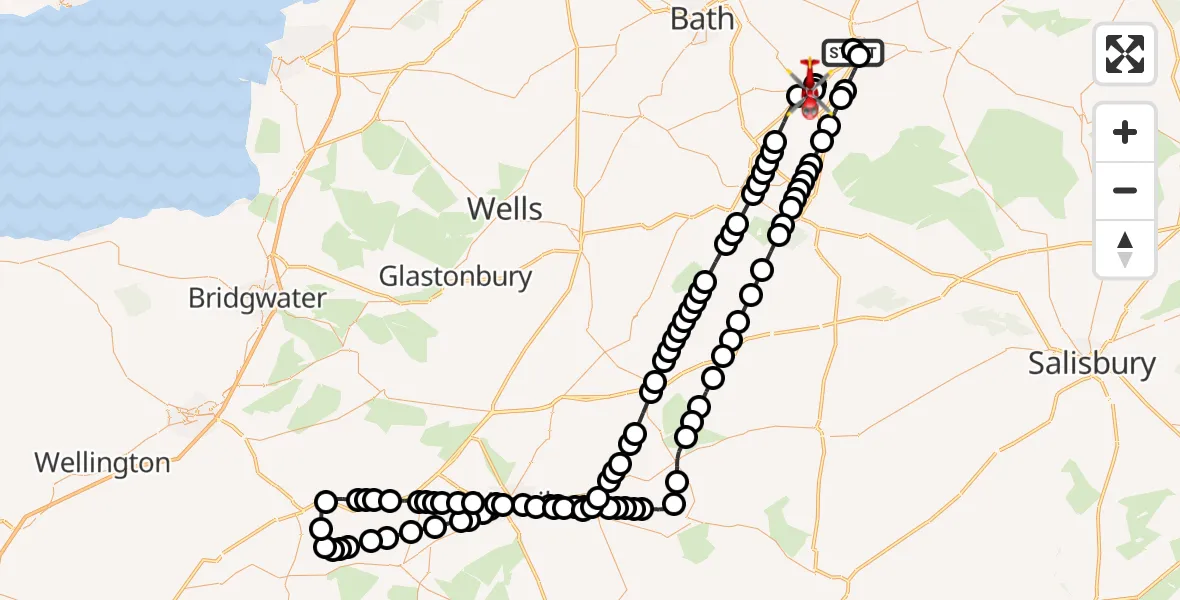 Flight route Air Ambulance Helicopter Wiltshire Air Ambulance - Trowbridge, 12 August 2026, 09:09