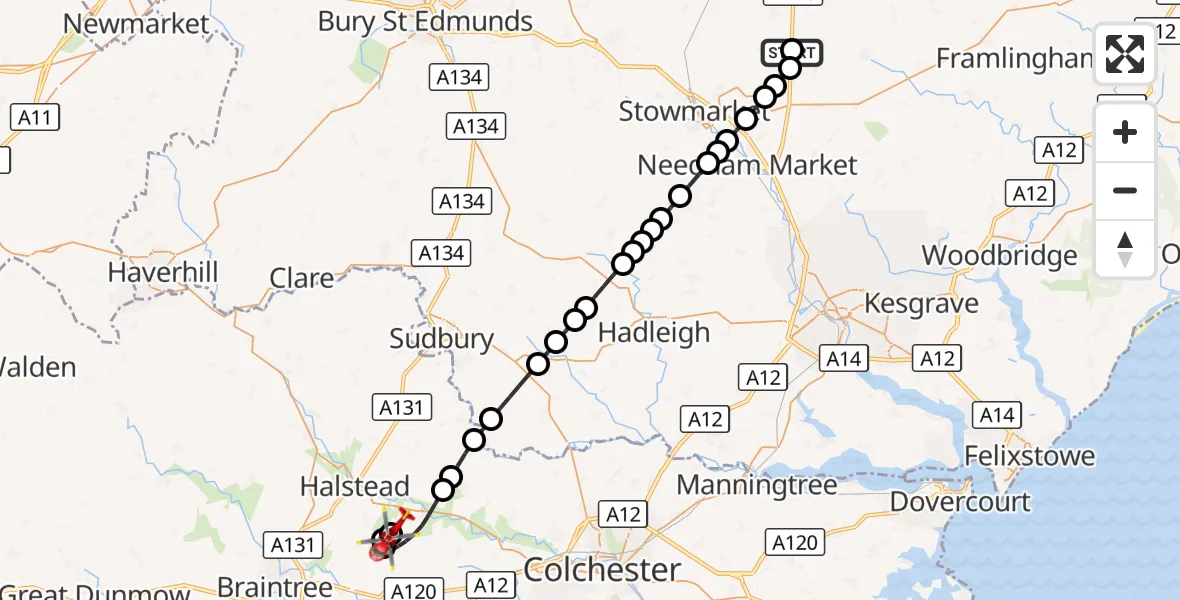 Flight route Air Ambulance Helicopter Mendlesham - Earls Colne Airfield, 12 August 2026, 09:10