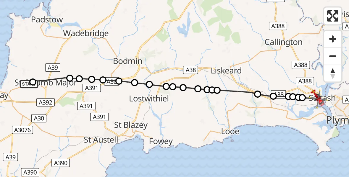Flight route Air Ambulance Helicopter Cornwall Airport Newquay - Saltash, 12 August 2026, 09:16