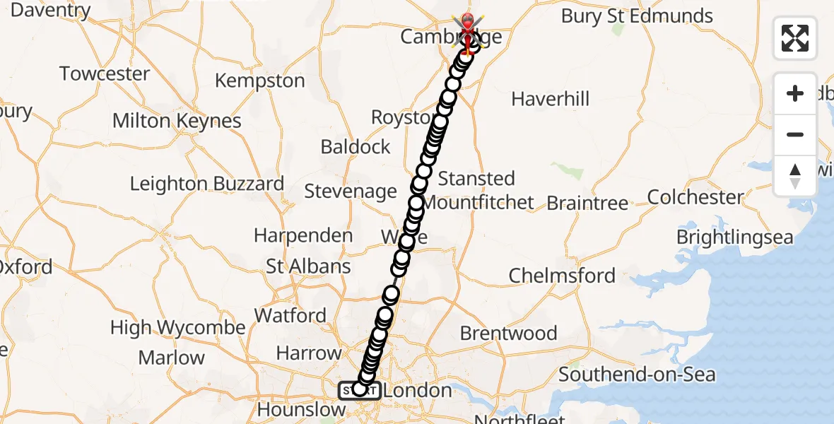 Flight route Air Ambulance Helicopter City of Westminster - Cambridge City Airport, 12 August 2026, 09:17