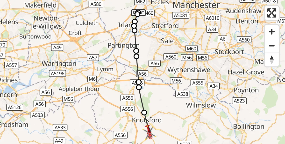 Flight route Air Ambulance Helicopter Manchester Barton Aerodrome - Knutsford, 12 August 2026, 09:48